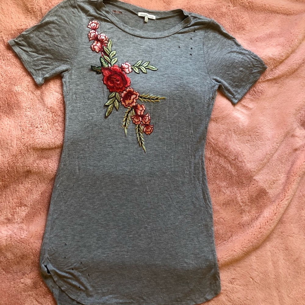 Distressed embroidered T-shirt dress
